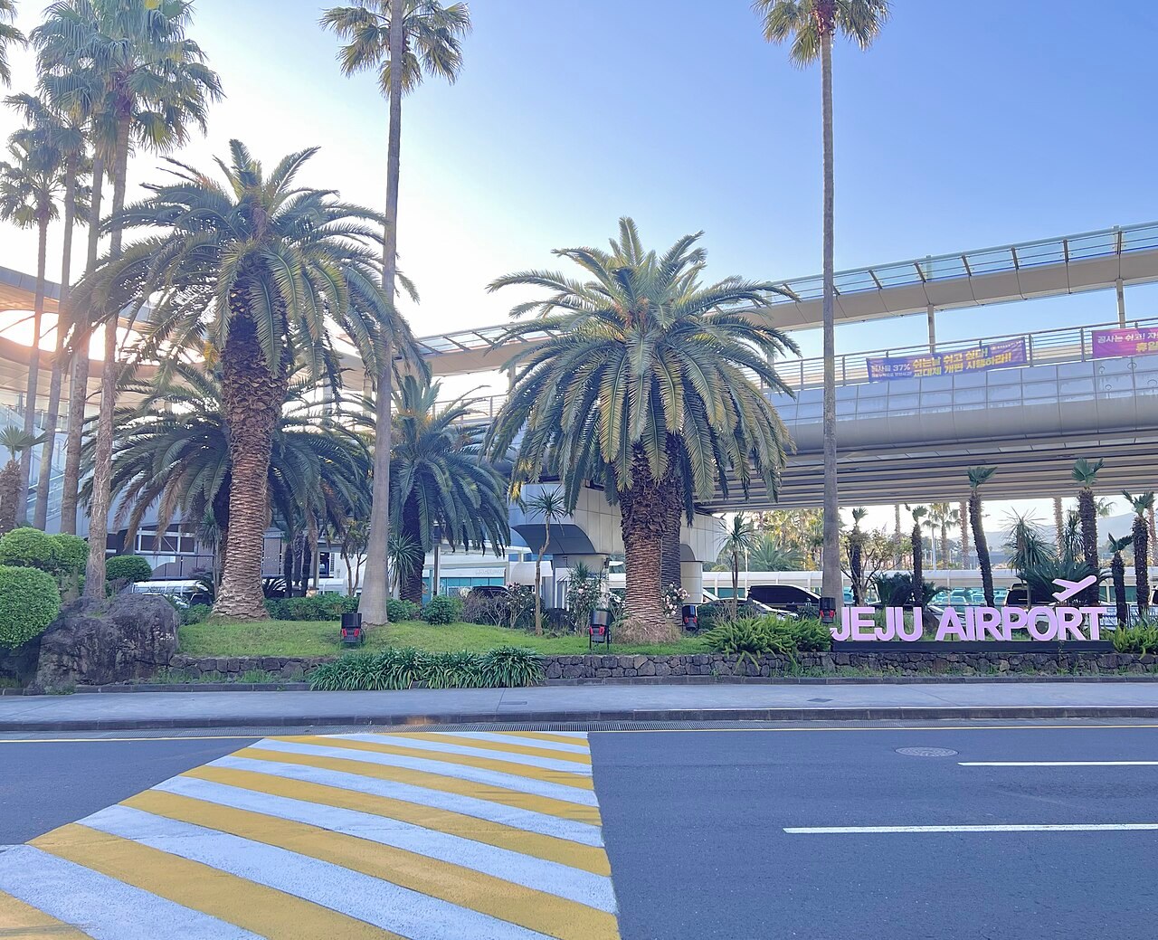 Palm trees, an elevated access road and the JEJU AIRPORT sign outside Jeju Airport